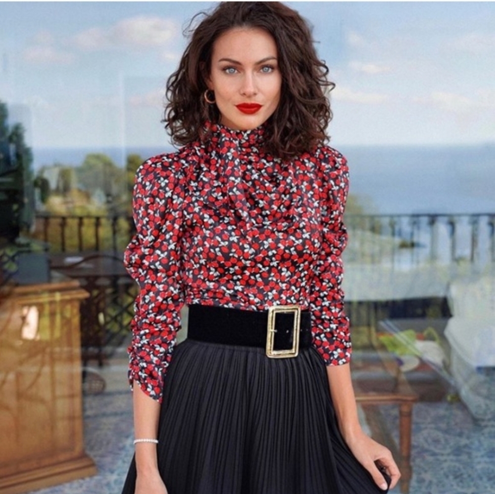 Zara High Tie Neck Puff Sleeve Black Red Rose Satin Size S